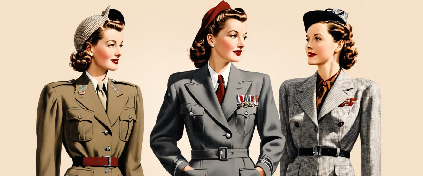Three women wearing the 1940's Victory suit