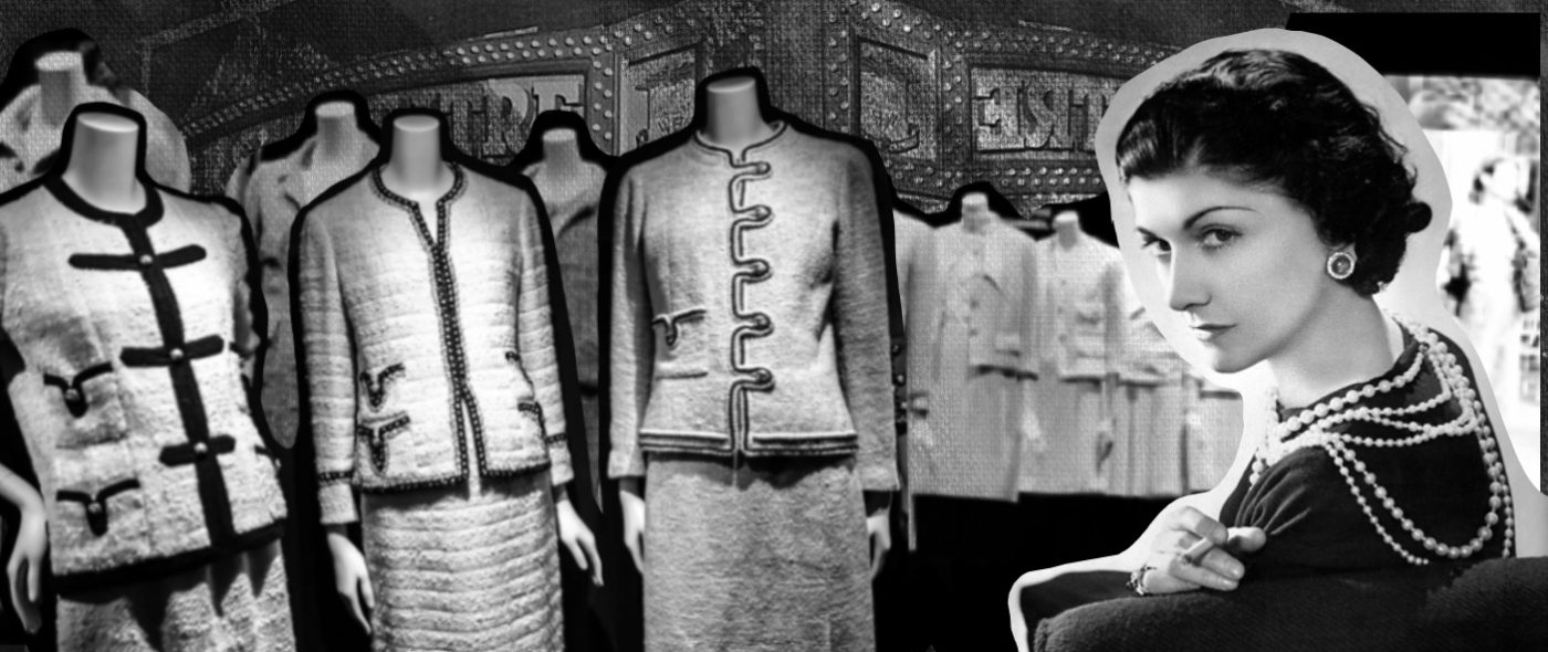 A banner image of Coco Chanel with some of her classic fashion designs