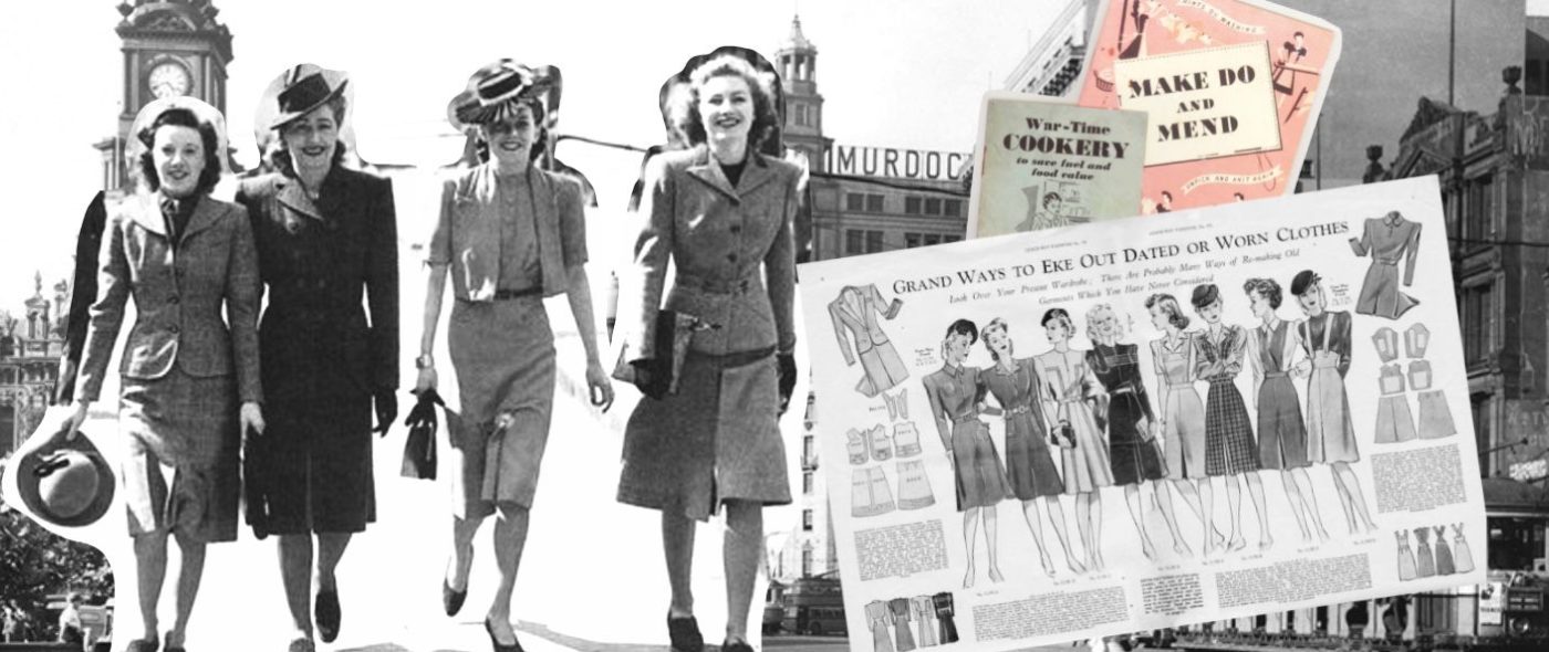 in image of women wearing the victory suit and instructions of mending and making garments