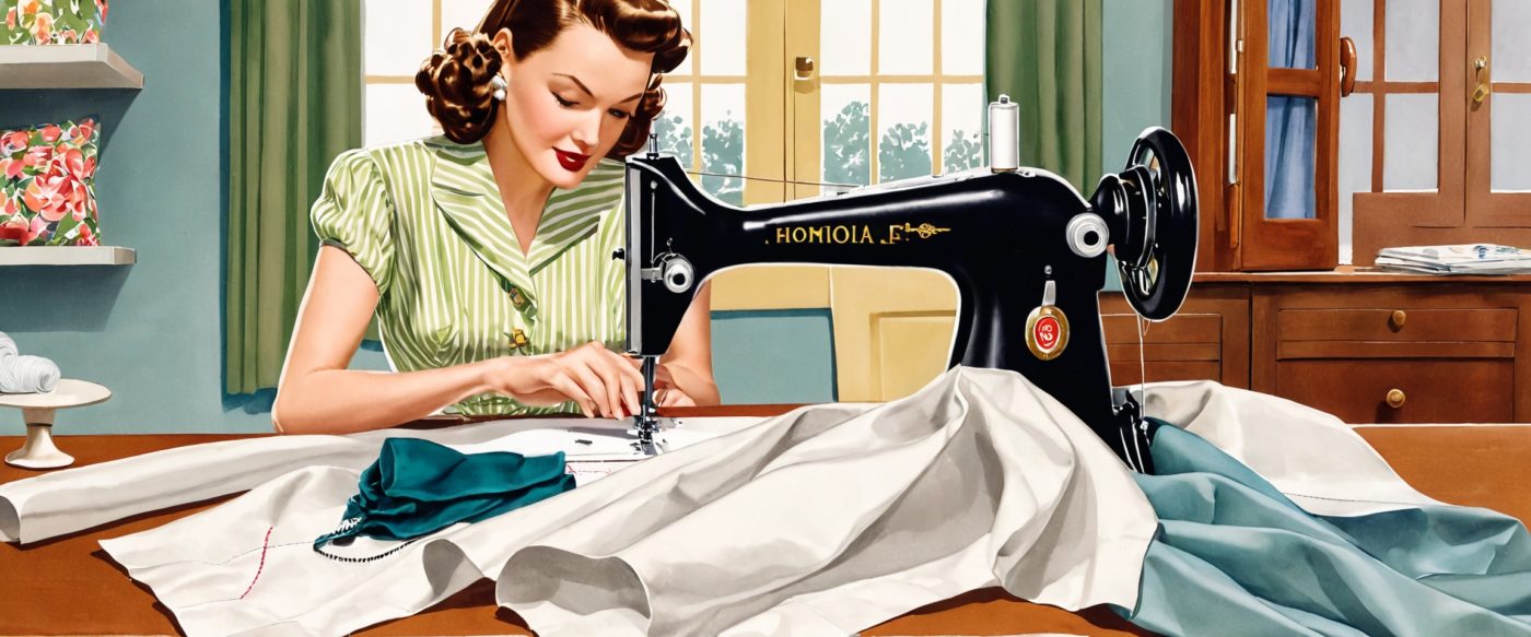 Woman sewing in 1940s house