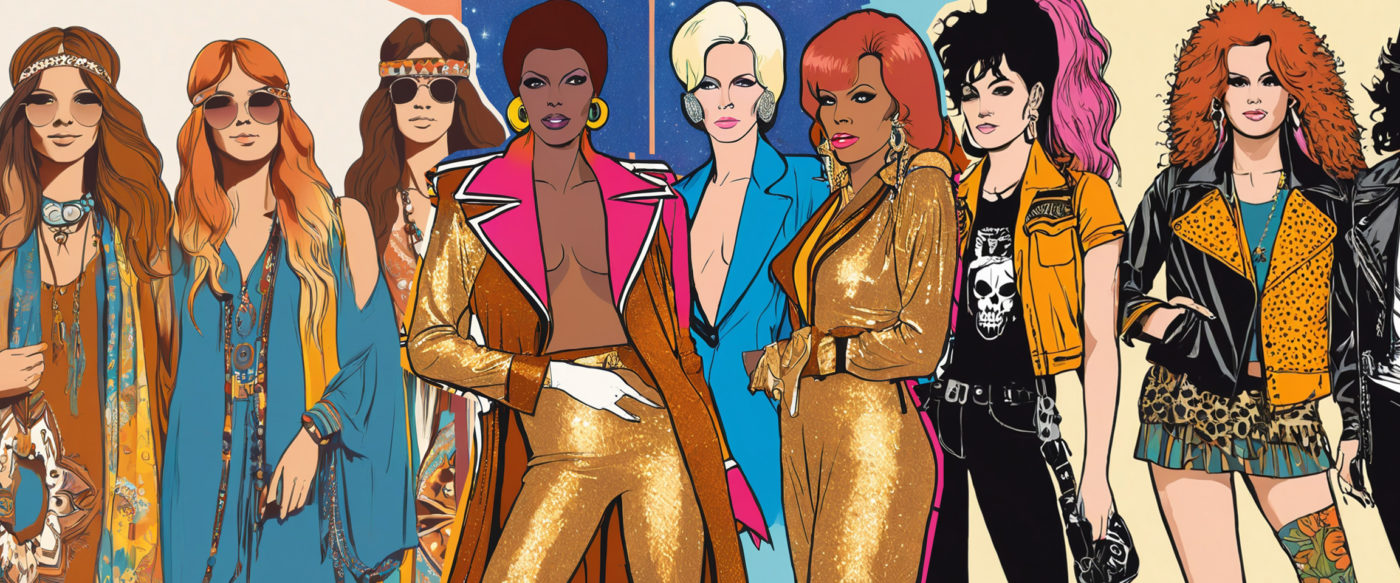 women wearing fashion from the Hippie, Disco and Punk Sub cultures