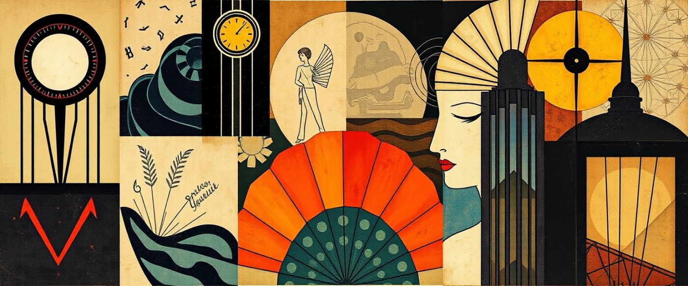 A collage of art stlyes from 1920 including Surrealism, cubism, artdeco, bauhaus