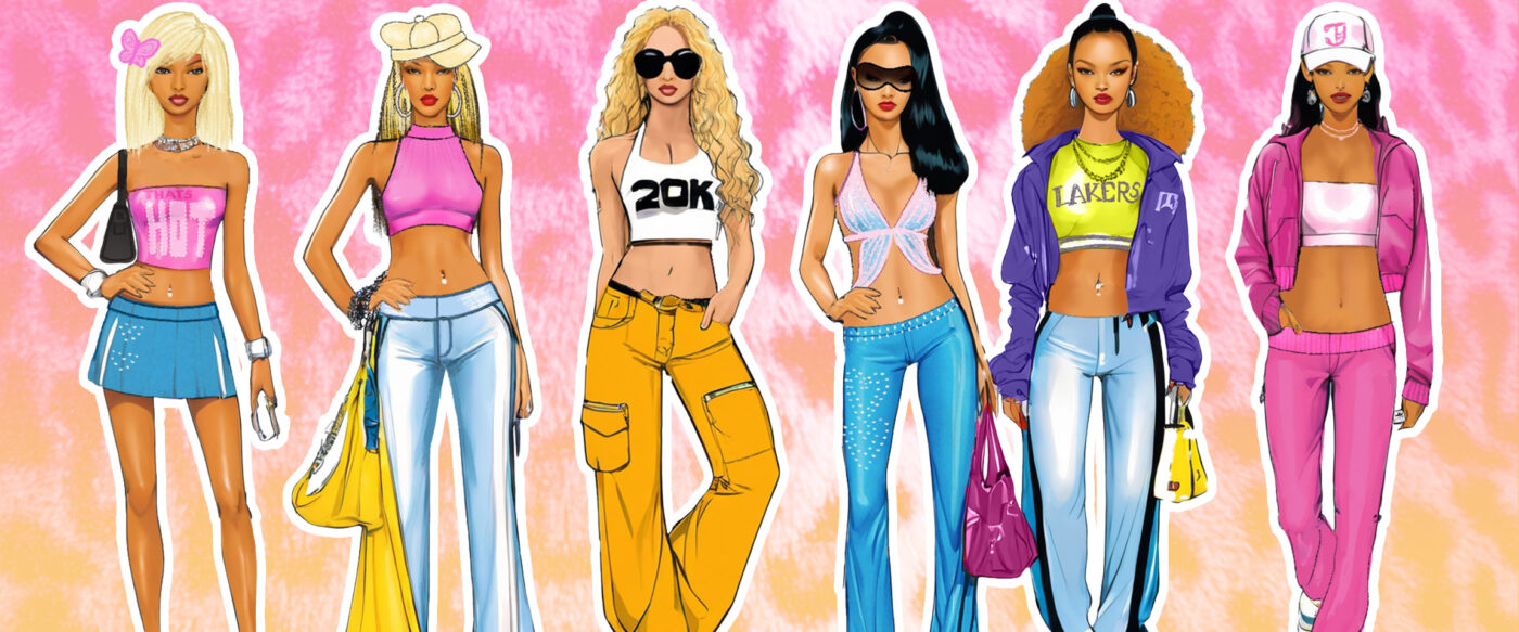 six women wearing 2000's fashion